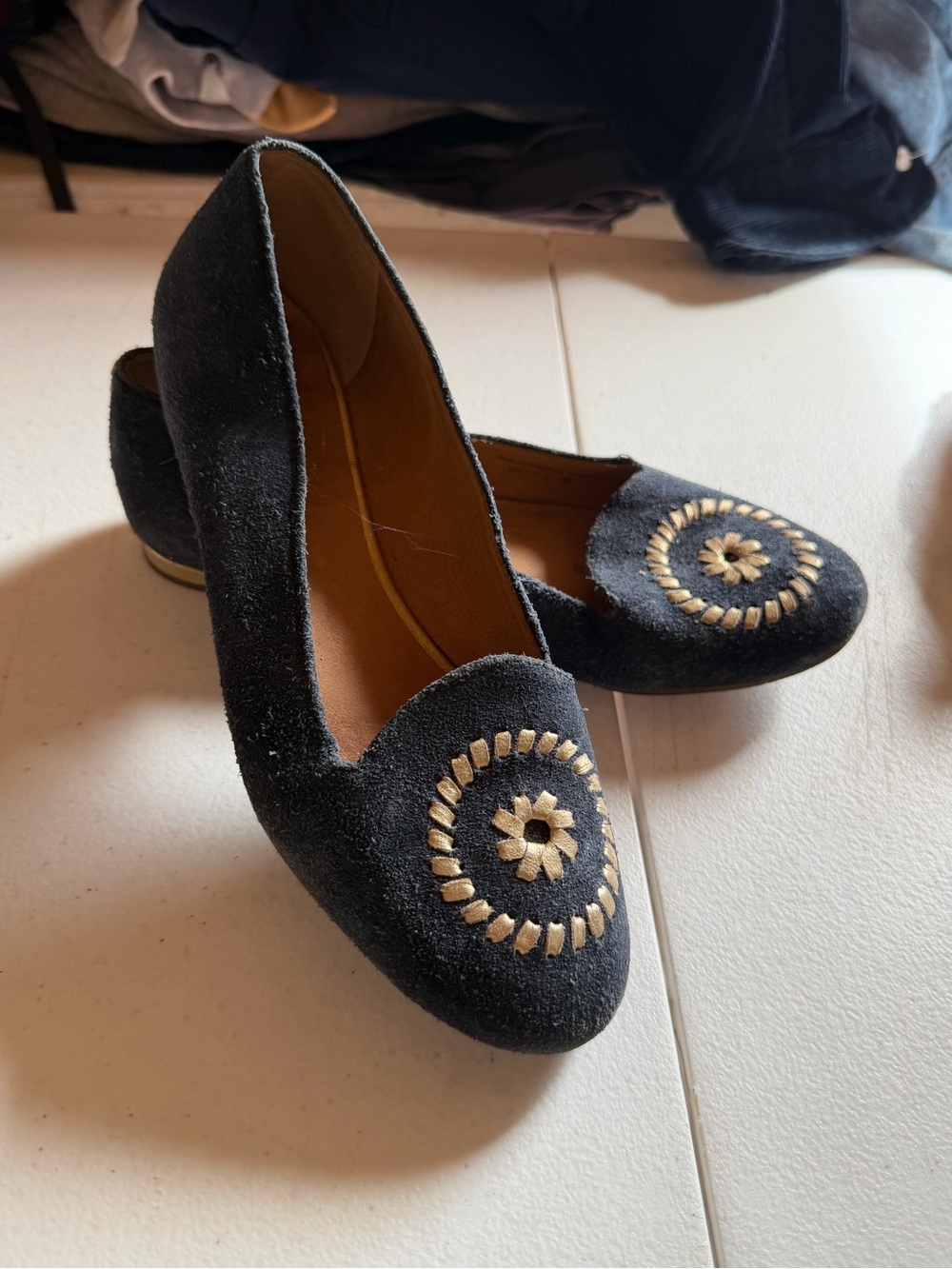 Jack Rogers Black Suede Flats with Gold Medallion Embroidery